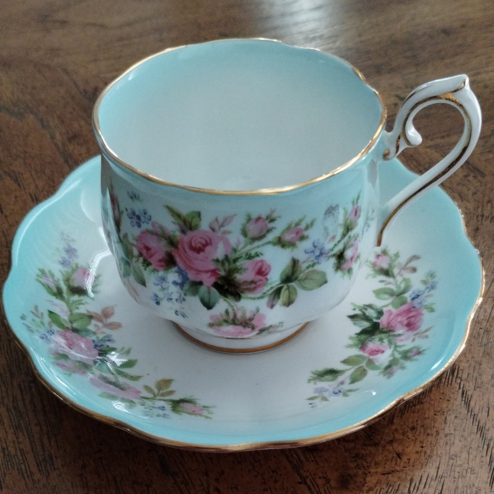 Royal Albert Bone China Teacup and Saucer Vintage Teal and White with Pink Roses